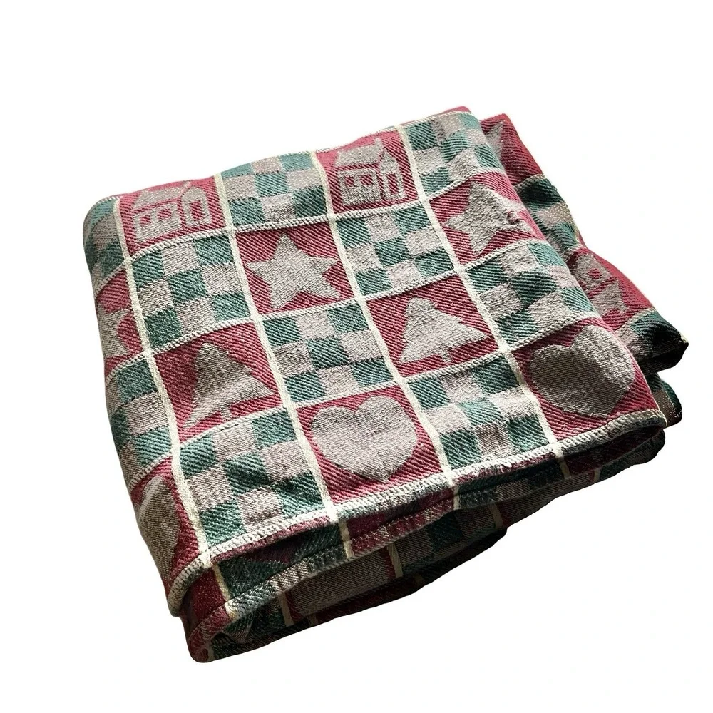 Vintage X-Mas Tablecloth 52x86 Woven Cabin Cottage Hearts Trees Holiday Rustic